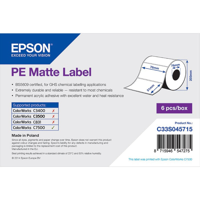 Epson PE Matte Label - Die-cut Roll: 76mm x 51mm, 2310 labels