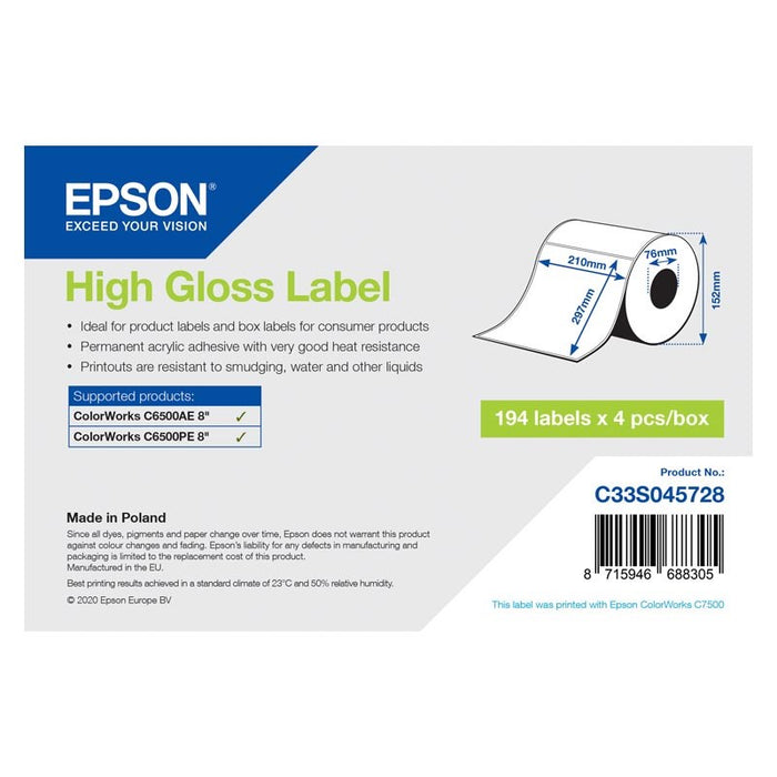 Epson High Gloss Label - Die-Cut Roll: 210mm x 297mm, 194 labels x 4 rolls