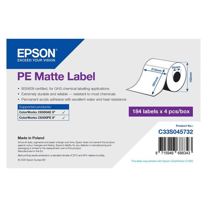 Epson PE Matte Label - Die-Cut Roll: 210mm x 297mm, 184 labels x 4 rolls