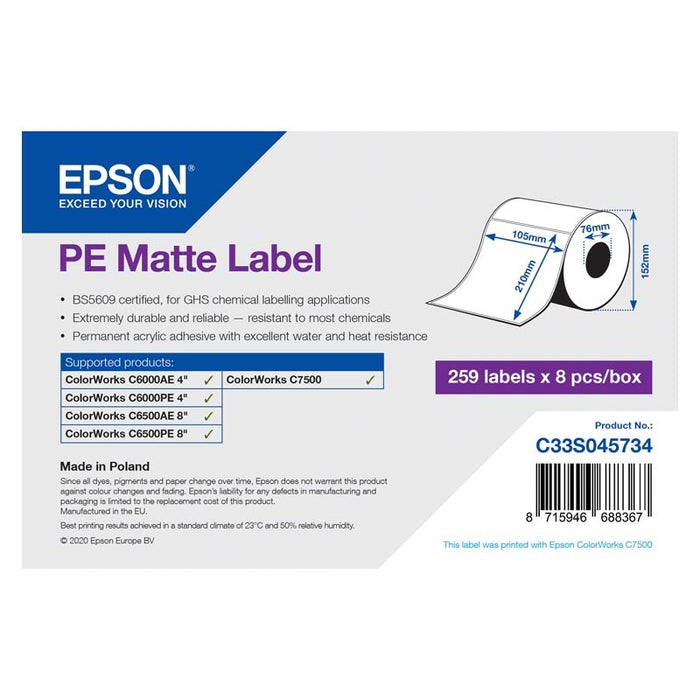 Epson PE Matte Label - Die-Cut Roll: 105mm x 210mm, 259 labels x 8 rolls