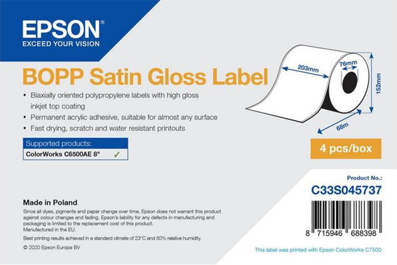 Epson BOPP Satin Gloss Label 203mm x 68m x 4 rolls