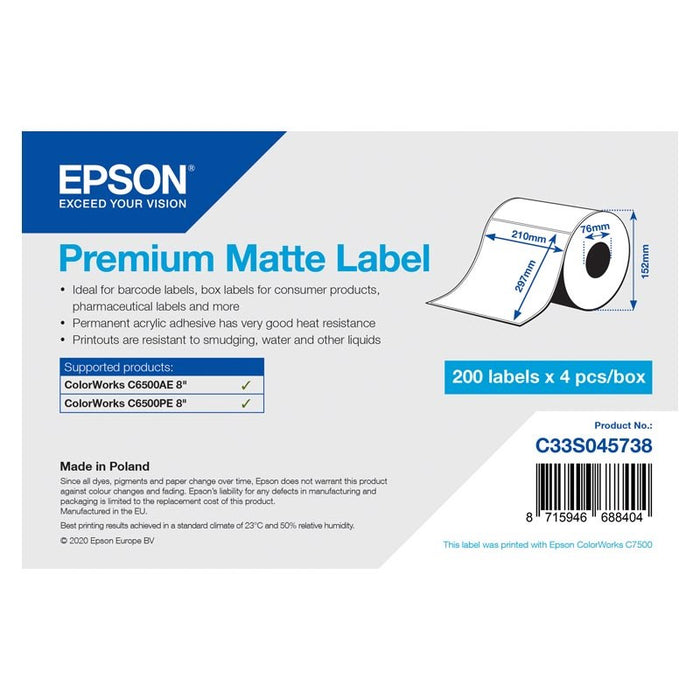 Epson Premium Matte Label - Die Cut Roll: 210mm x 297mm, 200 labels x 4 rolls