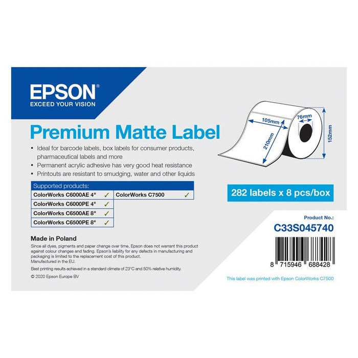 Epson Premium Matte Label - Die-Cut Roll: 105mm x 210mm, 282 labels x 8 rolls